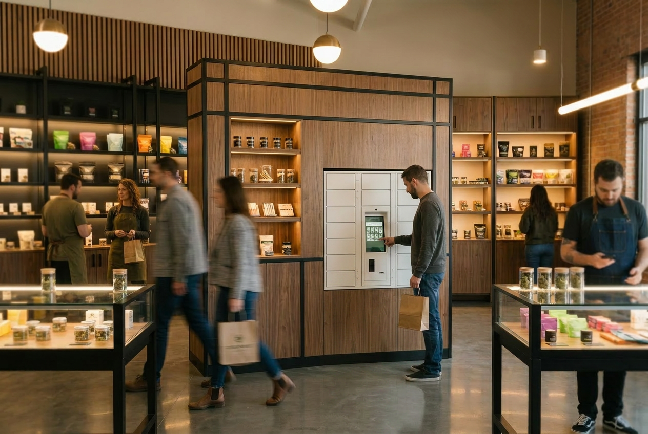 SafeArbor smart locker bank installed in a dispensary